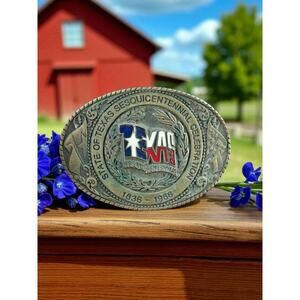 Vintage Solid Brass Texas Sesquicentennial 1836-1986 Texoma Oval Belt Buckle EUC